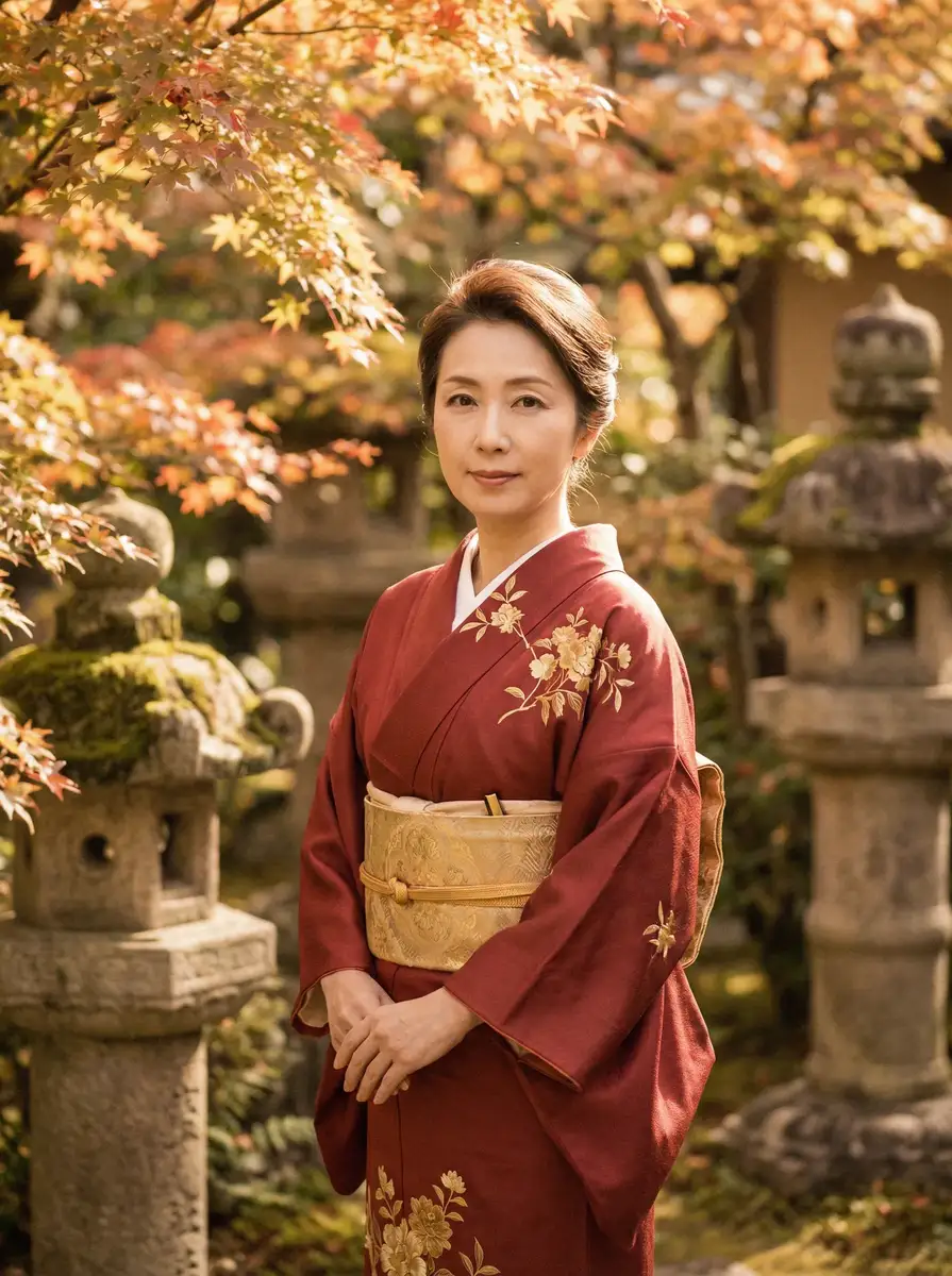 一位身穿暗红色和服的优雅 熟女阿姨 在日式庭院中