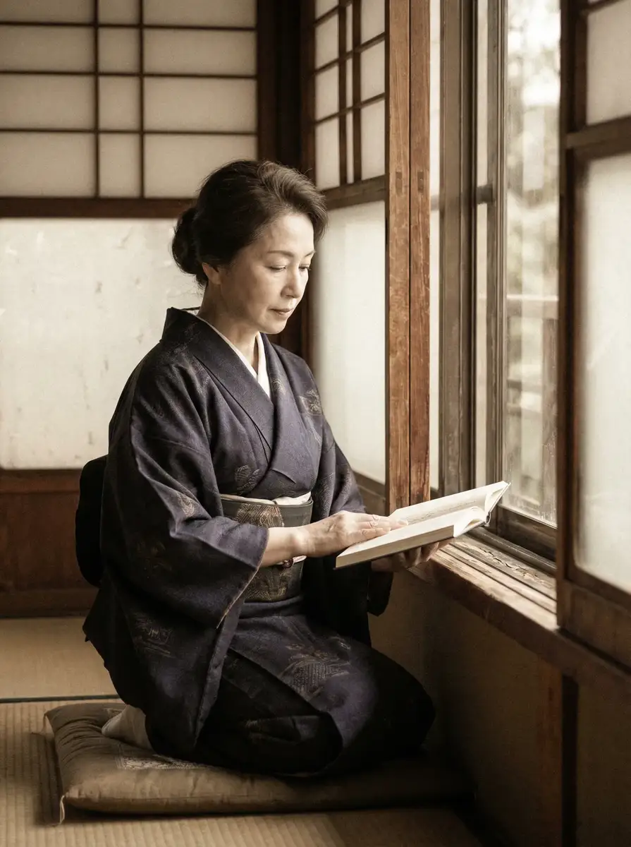 一位优雅的五十岁 熟女阿姨 身穿深蓝色和服，在窗边静读